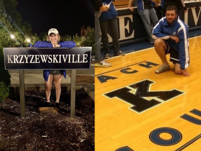 Two photos side by side, Left: McKenna Raley standing by Krzyzewskiville sign at night, Right: Brian Zorb kneeling on Coach K Court in Cameron Indoor
