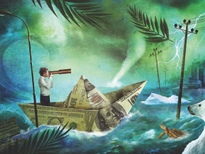Illustration of a man with a spy glass in a paper boat made of money on a stormy sea with a polar bear and sea turtle looking on