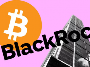 The BlackRock logo overlaying a bitcoin logo and a skyscraper
