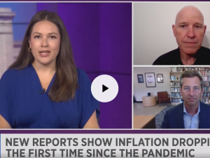 Split screen of a newscaster and two interviewees with headline "News Reports Show Inflation Dropping for the First Time Since the Pandemic"
