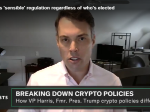 DFE Lecturing Fellow speaking with a chyron that says "Breaking Down Crypto Policies, How VP Harris, Fmr. Pres. Trump crypto policies differ"