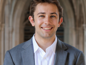 Headshot of Thomas Schaefer '22 with Duke Chapel arches in background