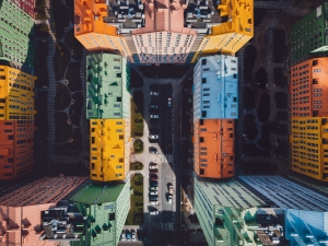 An arial view of colorful buildings
