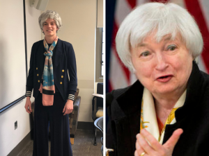 A male student dressed as Janet Yellen, Janet Yellen on the right