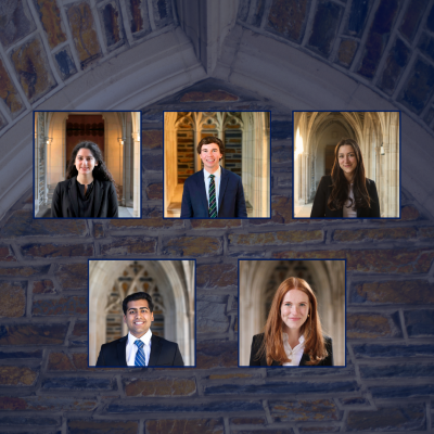 Headshots of five students on a background of Duke stone