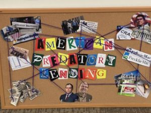 a bulletin board showing the topics covered in the story+ predatory lending project